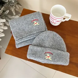 Kids grey knit hat and scarf set with cute puppy embroidery, warm winter children woolen set