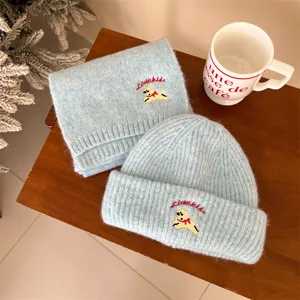 Cute baby winter knit beanie hat and scarf set with sweet puppy embroidery for kids daily warm.