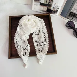 White crochet lace triangular scarf for women, stylish spring and autumn decorative shawl.