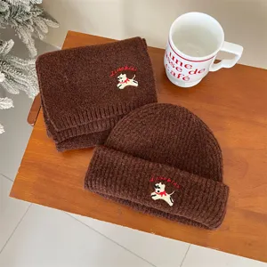 Cute puppy embroidery knitted hat and scarf set detail, cozy brown winter warm kids wear.