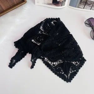 Black crochet lace triangle scarf, hollow knit vintage bandana for stylish women wear.