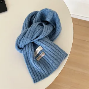 Soft knitted winter neck warmer for kids, cozy blue scarf with stylish vintage cloth labels.