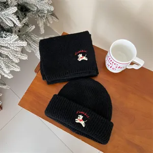 Baby winter warm knit beanie scarf set black cute puppy embroidery thick kids hat