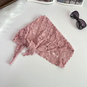 Pink crochet lace triangle headscarf detail, hollow knit floral bandana for women spring wear.