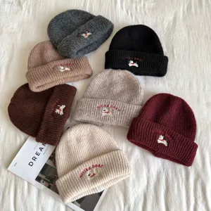 Children knitted beanie hat cute puppy embroidery winter warm cap multi-color cozy set