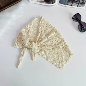 Beige crochet lace triangular headscarf vintage knit bandana hollow hair accessory