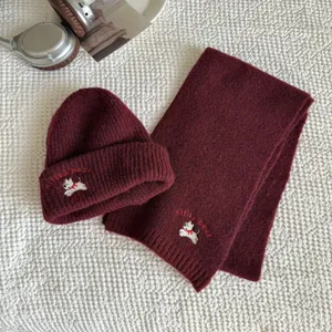 Kids Winter Knitted Cute Puppy Embroidery Beanie Hat And Scarf Warm Two Piece Set Children Cold Weather Accessories