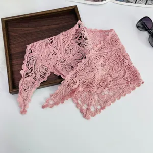 Pink lace triangular scarf hollow knit headscarf vintage floral shawl women hair band