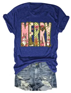 Damen Weihnachten MERRY Grafik Druck Rundhalsausschnitt Kurzarm T-Shirt Jeansshorts.
