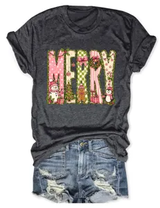 Nahaufnahme des dunkelgrauen Damen Kurzarmshirts mit rosa weihnachtlichem MERRY Motiv.