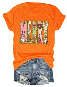 Damen merry weihnachten grafik kurzarm t-shirt kombiniert mit jeansshorts freizeit-outfit