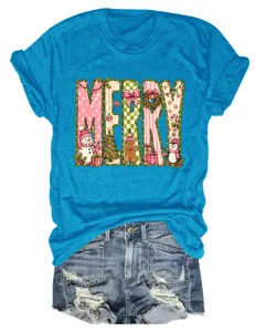 Damen Weihnachten Merry Grafik Kurzarm T-Shirt Lässiger Rundhalsausschnitt Tops Kleidung