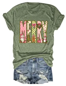 Detailansicht Damen lässiges olivgrünes Kurzarm T-Shirt mit fröhlichem Weihnachtsmotiv Druck.