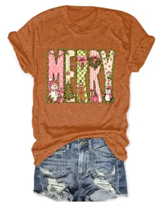 Bequemes orangefarbenes Damen Kurzarm T-Shirt mit fröhlichem Weihnachtsgrafik Druck Oberteil.