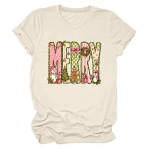 Detailansicht Damen lässiges beiges Rundhals Kurzarm T-Shirt mit frohen Weihnachten Print