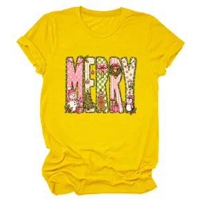 Bequeme mode damen gelbes kurzarm t-shirt mit süßem rosa merry weihnachten grafikdruck.