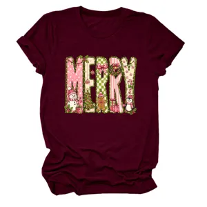 Bequemes Damen Weihnachten MERRY Grafik Rundhalsausschnitt Kurzarm T-Shirt Bordeaux