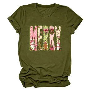 Armeegrünes Damen Kurzarm T-Shirt mit rosa süßem Weihnachten Buchstaben Grafikprint.