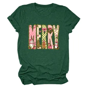 Grünes Damen T-Shirt mit MERRY Weihnachtsmotiv, kurzer Ärmel, lässiges Festtags-Oberteil.
