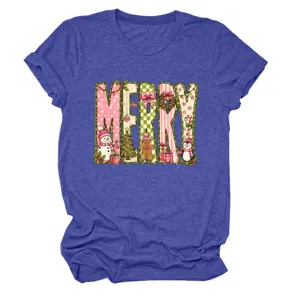 Damen süßes Weihnachten MERRY Grafik Kurzarm T-Shirt lässiger Rundhalsausschnitt blaues Top