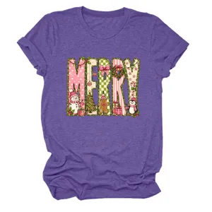 Violettes Damen Kurzarm T-Shirt mit Rundhalsausschnitt und süßem MERRY Weihnachtsmotiv.
