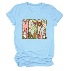 Damen Kurzarm T-Shirt Weihnachten Merry Grafik Casual Rundhalsausschnitt Sommer Top