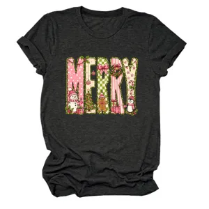 Damen Weihnachten Buchstabe Druck Kurzarm T-Shirt Lässig Süß Urlaub Rundhals Top