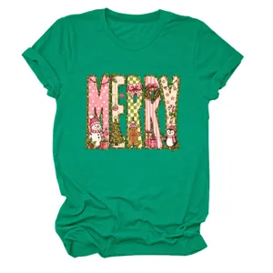 Damen gruenes Kurzarmshirt mit niedlichem rosa Weihnachtsmotiv Merry Druck fuer den Alltag.