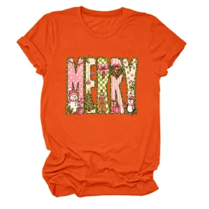 Damen Weihnachten Merry Grafik Kurzarm Rundhals T-Shirt Lässiges Weihnachtsshirt Top