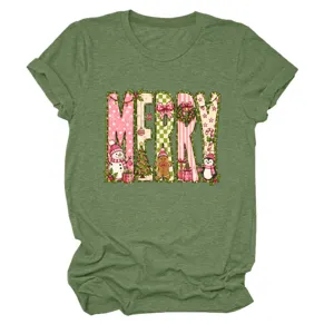 Damen Weihnachten Merry Grafik Kurzarm Rundhals T-Shirt Olivgrün Freizeit Casual Top