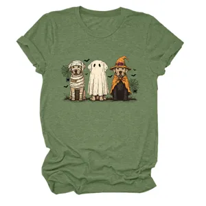 Women's green short sleeve t-shirt with cute Halloween dogs graphic crewneck top.