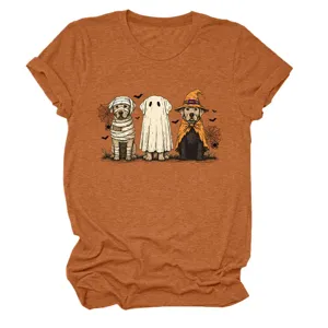 Cute funny women's three ghost dogs Halloween print crewneck short sleeve orange T-shirt.
