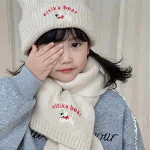 Cute kids knitted beanie and scarf set with puppy embroidery, warm winter accessories for kids.