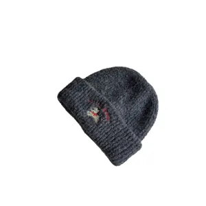 Cute embroidered puppy knit beanie for kids winter warm dark grey wool hat stylish daily wear