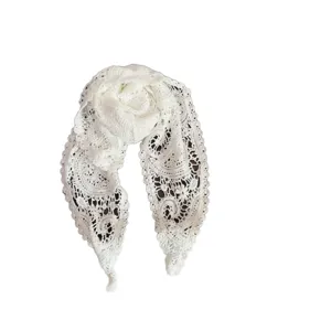 White hollow crochet lace triangular scarf versatile stylish neckerchief for spring and autumn