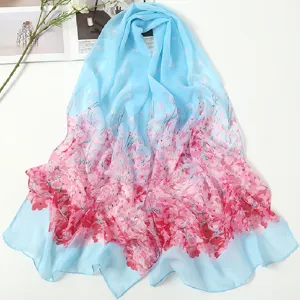 Gradient floral chiffon scarf detail, light blue and pink elegant design for women summer.