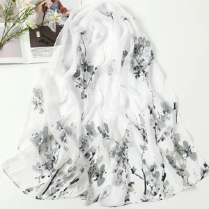 White Chiffon Floral Scarf Elegant Lightweight Beach Wrap Shawl for Women Spring Summer