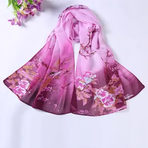 Women's purple gradient chiffon floral printed scarf, elegant summer beach shawl wrapper.