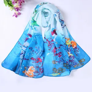 Spring summer gradient blue floral chiffon scarf women beach shawl lightweight wrap elegant.