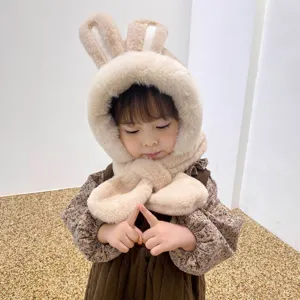 Carino cappello e sciarpa con orecchie da coniglio in peluche, caldo berretto invernale.