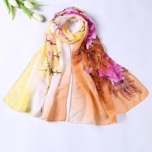 Women floral print chiffon scarf gradient pink yellow lightweight beach wrap elegant shawl