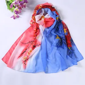 Details of the gradient floral chiffon scarf, lightweight and breathable spring summer shawl.