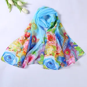 Women blue floral print chiffon scarf lightweight sun protection beach shawl wrap