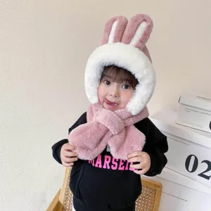 Simpatico cappello sciarpa in peluche con orecchie di coniglio per bambini, caldo inverno