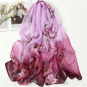 Gradient purple floral chiffon scarf elegant women summer sun protection beach shawl wrap daily wear.