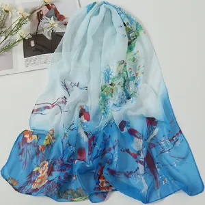 Blue gradient floral chiffon scarf, lightweight spring summer sun protection beach shawl.