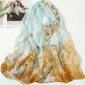 Gradient Blue Floral Chiffon Scarf Women Spring Summer Sun Protection Beach Shawl Veil