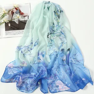 Gradient blue green floral chiffon scarf elegant women summer beach sun protection shawl.
