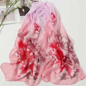 Spring summer chiffon printed silk scarf women shawl beach towel graceful floral wrap.