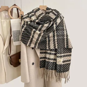Cozy imitation cashmere plaid scarf detail, soft thick winter tassel shawl for women warm.